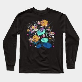 Dragon flies and Lotus Flowers _ Digital Pop Art Style _ Yellow and Blue Long Sleeve T-Shirt